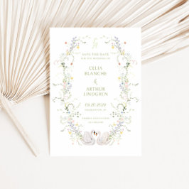 Reserve A Data Casamento com Moldura Floral de Cisnes Monograma