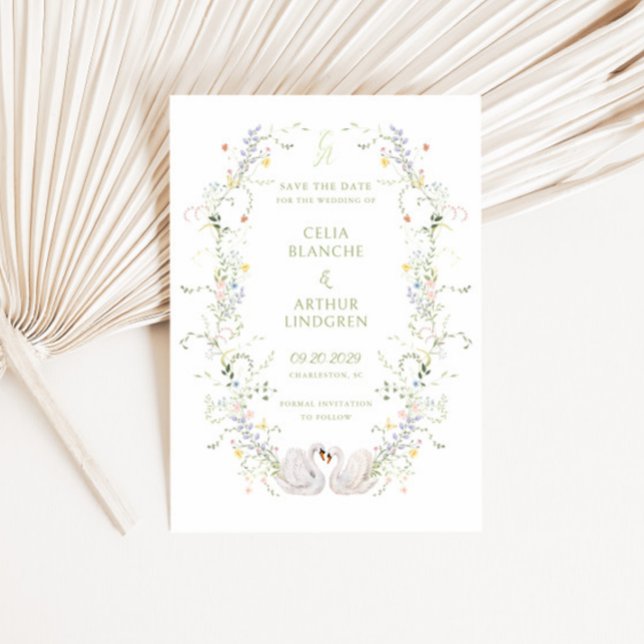 Reserve A Data Casamento com Moldura Floral de Cisnes Monograma  (Criador carregado)
