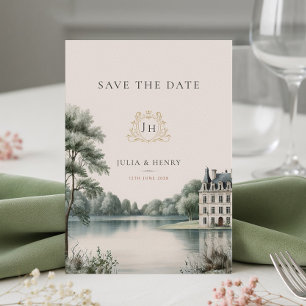 Reserve A Data Casamento com Monograma de Château Francês Elegant