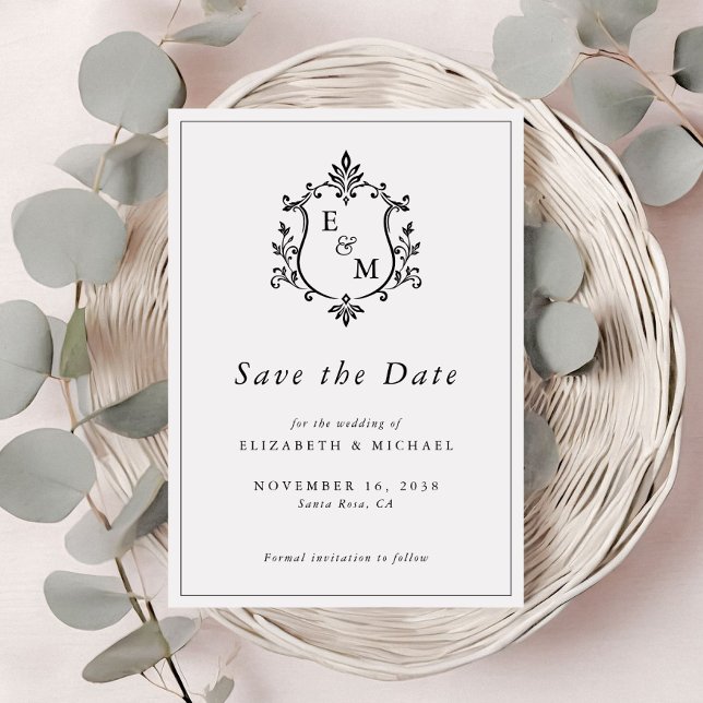 Reserve A Data Casamento com Monograma de Crista Elegante (Elegant Crest Monogram Wedding Save The Date)