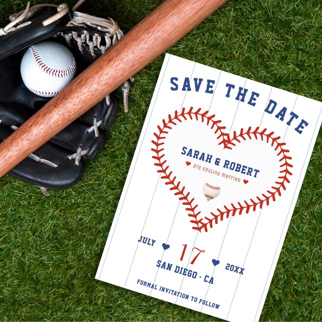 Reserve A Data Casamento com Pinstripe no Baseball Softball Sport (Baseball Softball Sport Heart Pinstripe Wedding Save The Date)