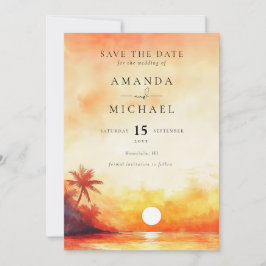 Reserve A Data Casamento com pôr do sol laranja em aquarela na pr