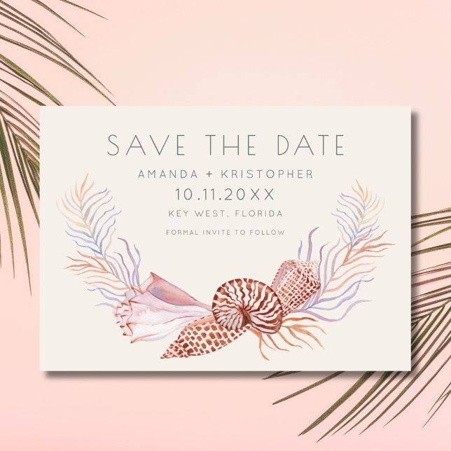 Reserve A Data Casamento com praia de Foto de Seashell Costeira S (Coastal Seashell Photo Beach Wedding Save the Date)