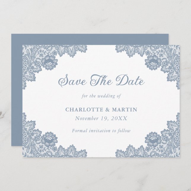 Reserve A Data Casamento com rendas azuis e herbáceas (Frente/Verso)