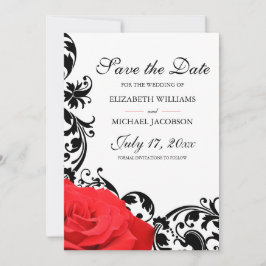 Reserve A Data Casamento com Rosa Vermelha e Floreio Preto