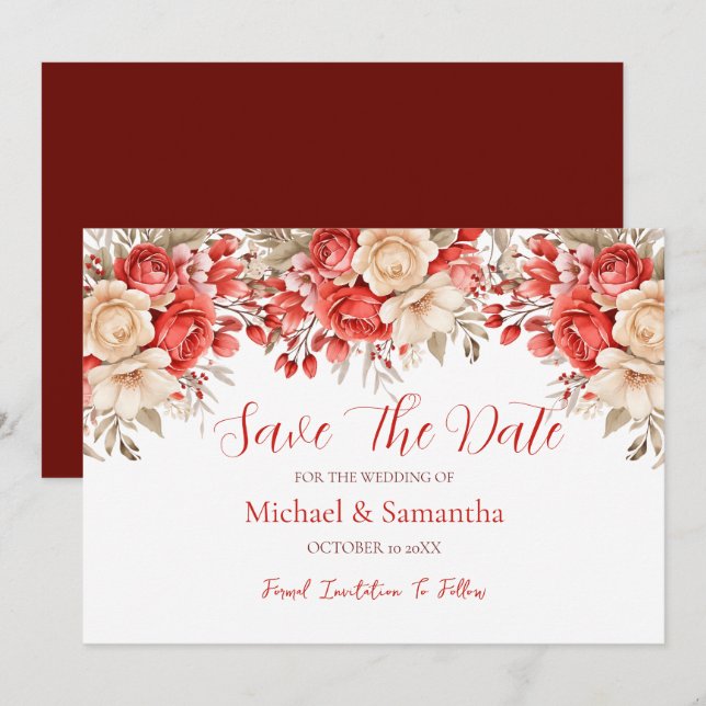 Reserve A Data Casamento com Rosa Vermelha e Marfim Elegantes (Frente/Verso)