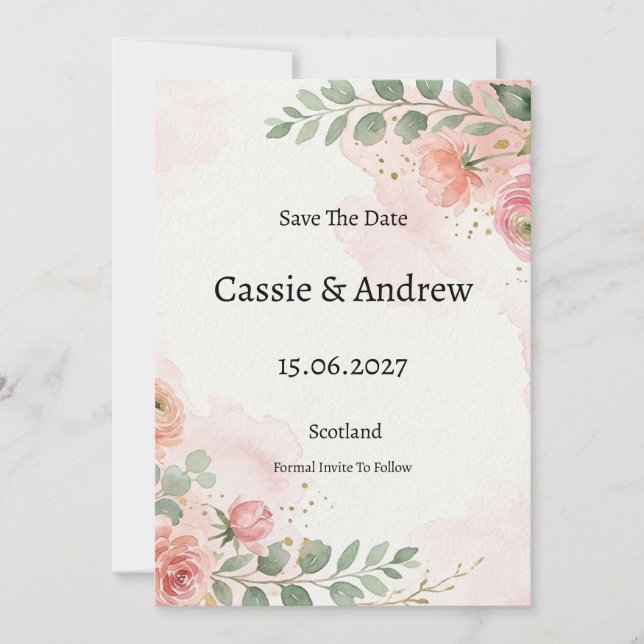 Reserve A Data Casamento com Rosas Cor-de-Rosa e Folhagens (Frente)