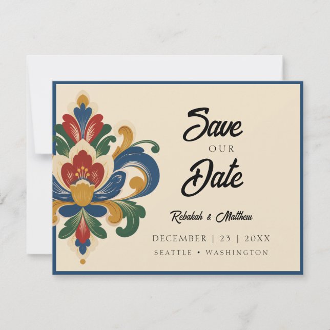Reserve A Data Casamento com Rosemaling Norueguesa (Frente)