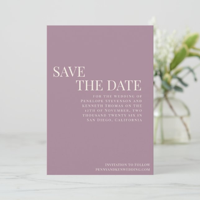 Reserve A Data Casamento com Tipografia Púrpura Elegante Clássica (Em pé/Frente)