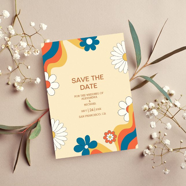 Reserve A Data Casamento com Tons Suaves Tema Retro Groovy 70's S (Criador carregado)