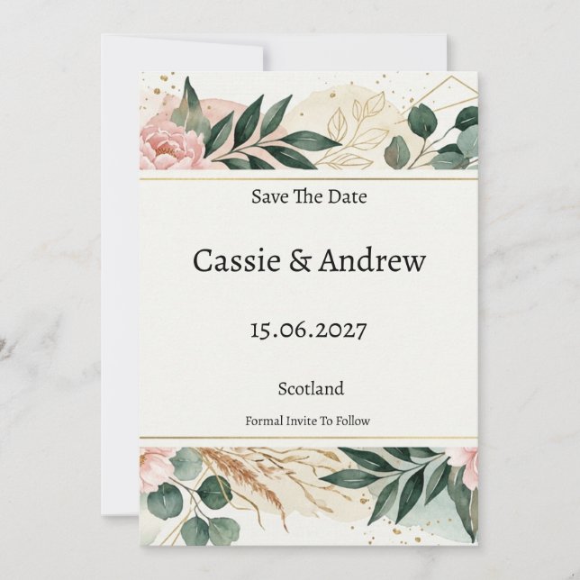 Reserve A Data Casamento com Verde e Rosado (Frente)