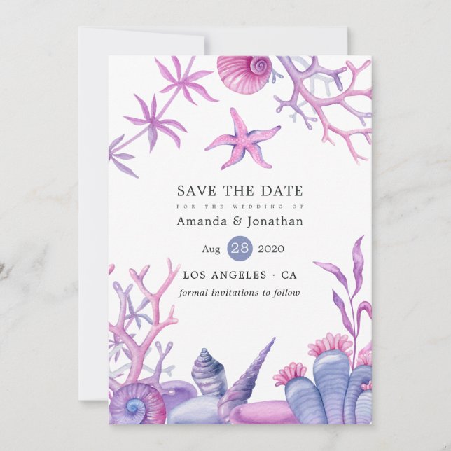 Reserve A Data Casamento com Vida Oceânica em Aquarela (Frente)