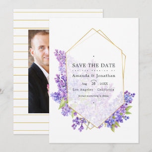 Reserve A Data Casamento com Violeta Pastel e Geométrico Dourado 