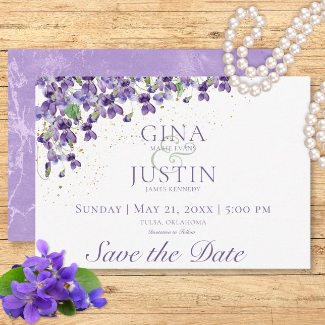 Reserve A Data Casamento com Violetas de Aquarela (Watercolor Violets Wedding Save The Date)