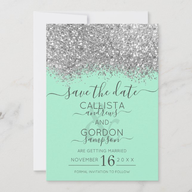 Reserve A Data Casamento Confete Brilho Prata Luxo Neo Menta (Frente)