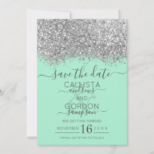 Reserve A Data Casamento Confete Brilho Prata Luxo Neo Menta