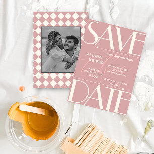 Reserve A Data Casamento Cor-de-rosa com Padrão Verificado Retroa