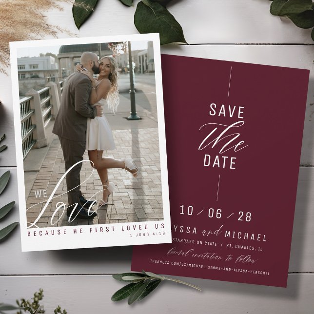 Reserve A Data Casamento Cristão de Foto Simples Elegante Burgund (Love scripture elegant photo simple burgundy maroon religious modern Christian wedding save the date)