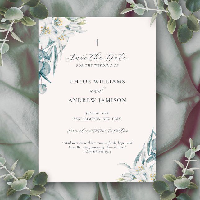 Reserve A Data Casamento Cristão Simples e Elegante com Verde de  (This Christian save the date wedding invitation features an elegant, minimalist, clean design)