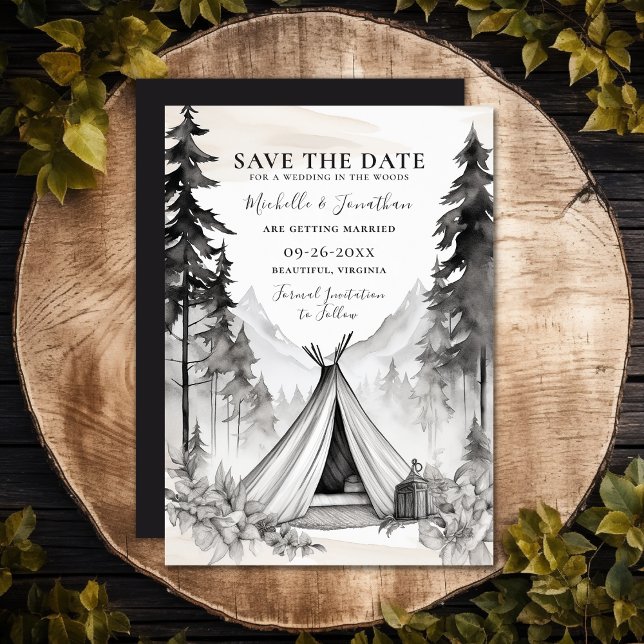 Reserve A Data Casamento da Floresta Montanha em Campanha Rustic  (Rustic Glamping Camping Mountain Forest Wedding Save The Date)