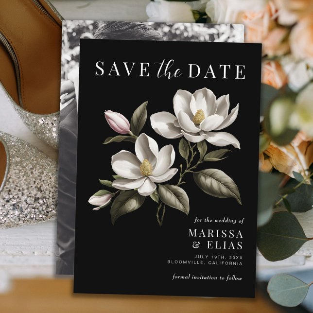 Reserve A Data Casamento da Magnésia Branca e Negra Moderna Vinta (Modern Vintage Black and White Magnolia Wedding Save The Date)
