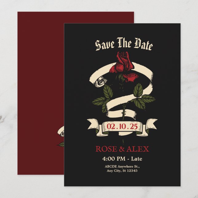 Reserve A Data Casamento da Rosa Romântica Escura (Frente/Verso)