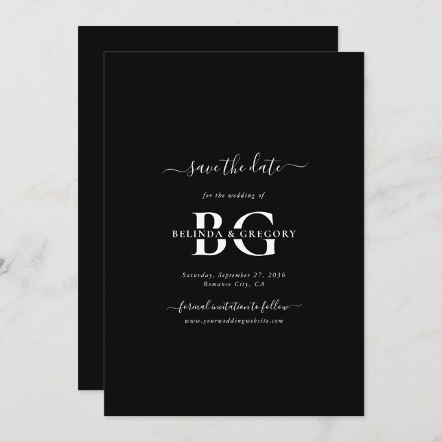 Reserve A Data Casamento das Iniciais do Monograma Branco e Preto (Frente/Verso)