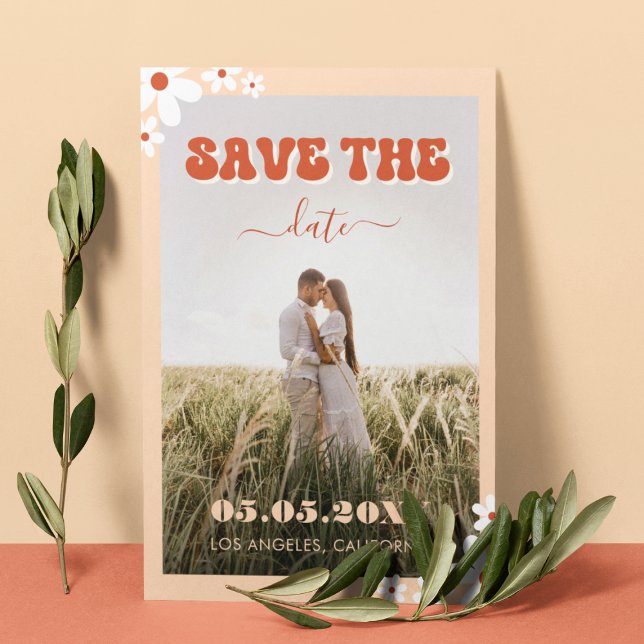 Reserve A Data Casamento de Anos setenta de Groovy Daisy Retro Hi (Criador carregado)