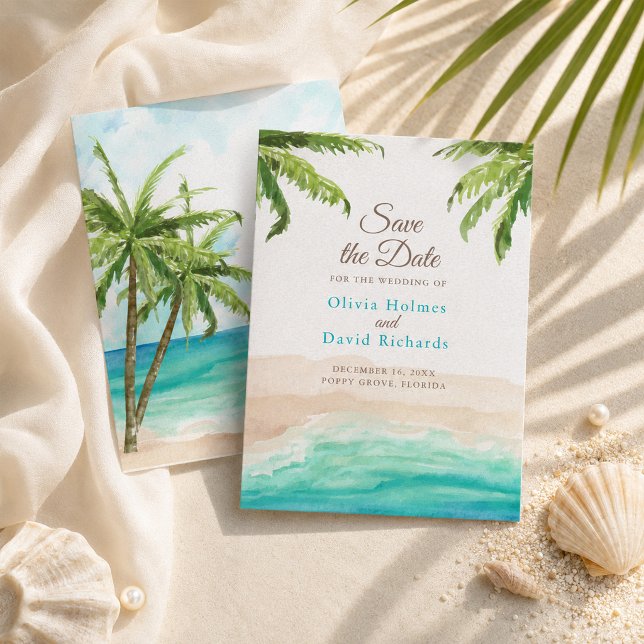 Reserve A Data Casamento de Aquarela de Praia e Palmeiras (Watercolor Beach & Palm Trees Wedding Save The Date)