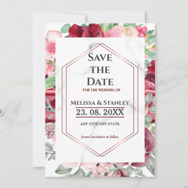 Reserve A Data Casamento de Aquarela Rosa-Rosa-Rosa-Elegante Mode (Frente)