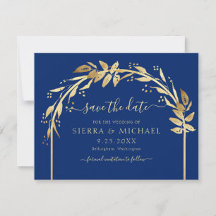 Reserve A Data Casamento de Arca de Folhagem Real e Dourada Elega