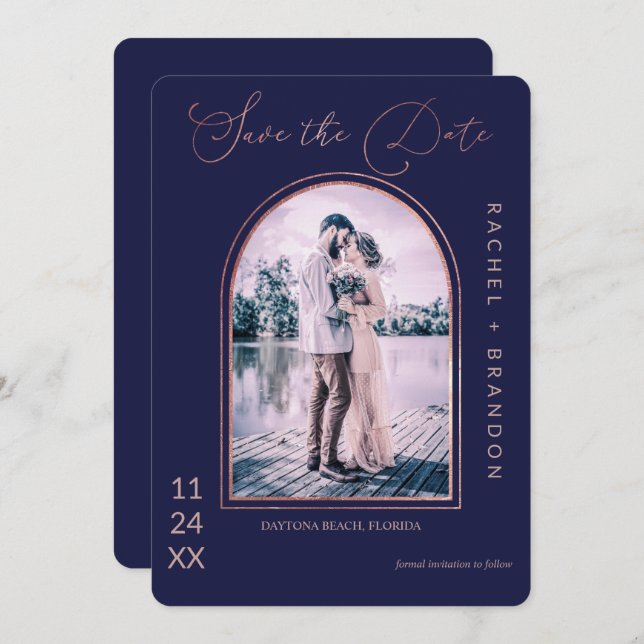 Reserve A Data Casamento de Arco Azul com Marinho Simples Rosa Mo (Frente/Verso)