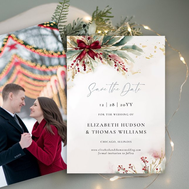 Reserve A Data Casamento de Arco Vermelho de inverno com vegetaçã (winter wedding save the date christmas bow greenery berries watercolor elegant modern photo template)
