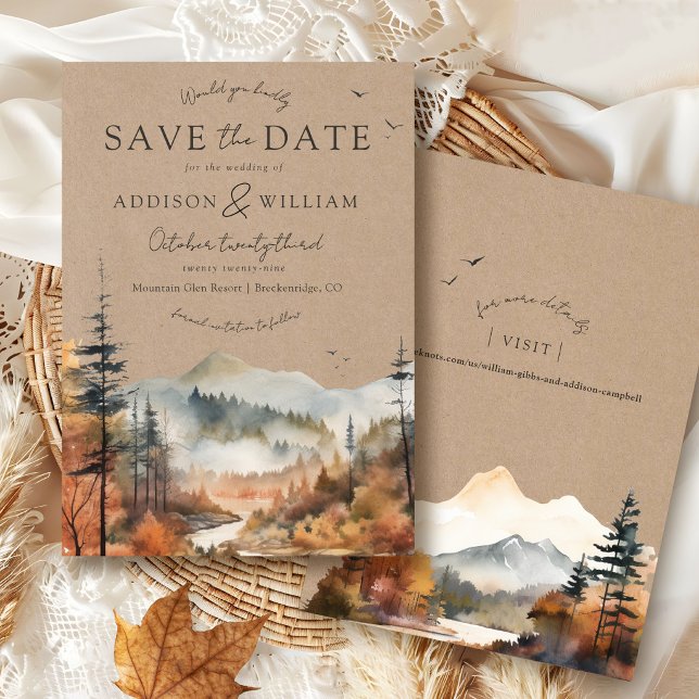 Reserve A Data Casamento de Árvore de Outono Montanhosa com Aquar (Modern Fall Watercolor Mountain & Trees Boho Brown Rustic Kraft Autumn Wedding website save the date)