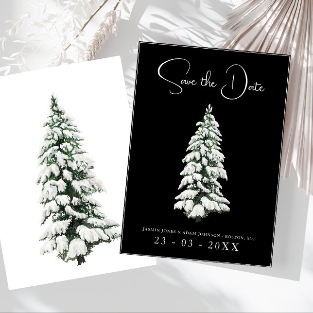 Reserve A Data Casamento de Árvore Negra Branca e Neve (Winter Black and White Snowy Pine Tree Wedding Save The Date)