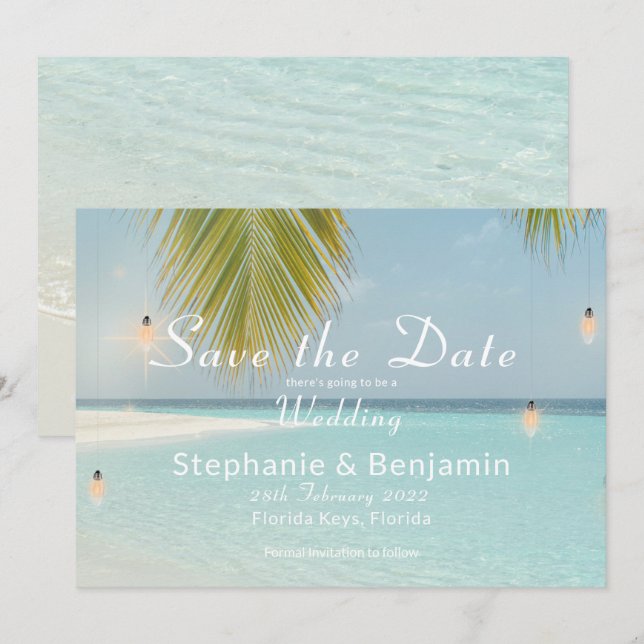 Reserve A Data Casamento de Árvore Tropical de Turquesa de Praia  (Frente/Verso)
