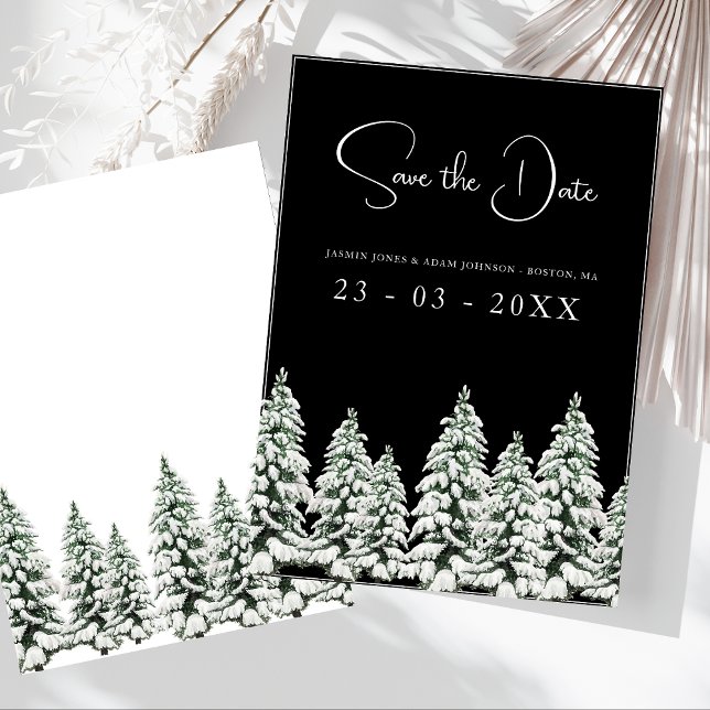 Reserve A Data Casamento de Árvores de Natal Negra Inverno (Winter Black and White Snowy Pine Trees Wedding Save The Date)