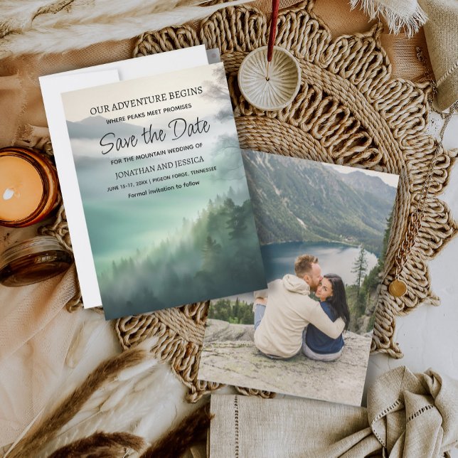 Reserve A Data Casamento de Aventura na Montanha Foto Salvar Data (Mountain wedding Save the Date photo card.)