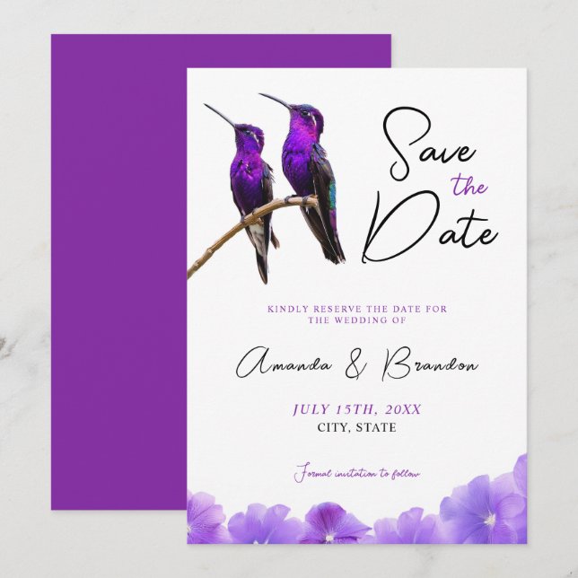 Reserve A Data Casamento de Aves de Humidade e Petais Roxas Chic (Frente/Verso)