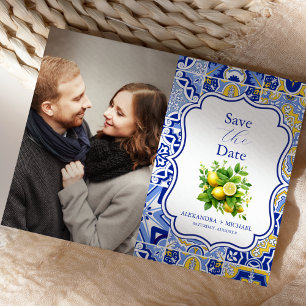 Reserve A Data Casamento de Azulejos Azuis com Limões Fotográfico