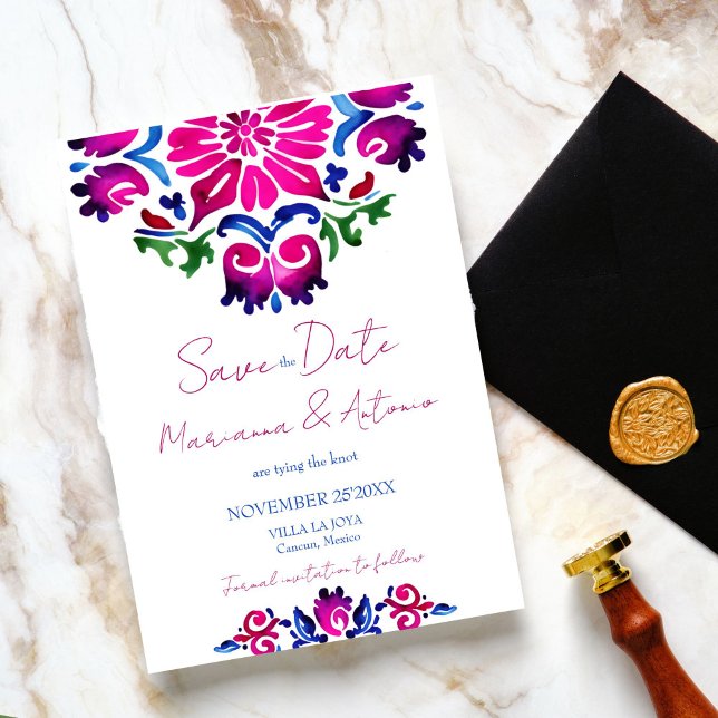 Reserve A Data Casamento de azulejos Espanhóis Talavera, cor-de-r (Pink blue Spanish Talavera tiles wedding Save The Date Bold colorful save the date whimsical casual)