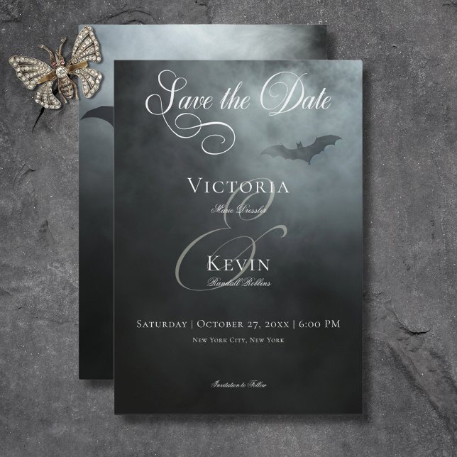 Reserve A Data Casamento de Bat e Nevoeiro da Meia-Noite Escura (Dark Moody Midnight Bat & Fog Wedding Save The Date)
