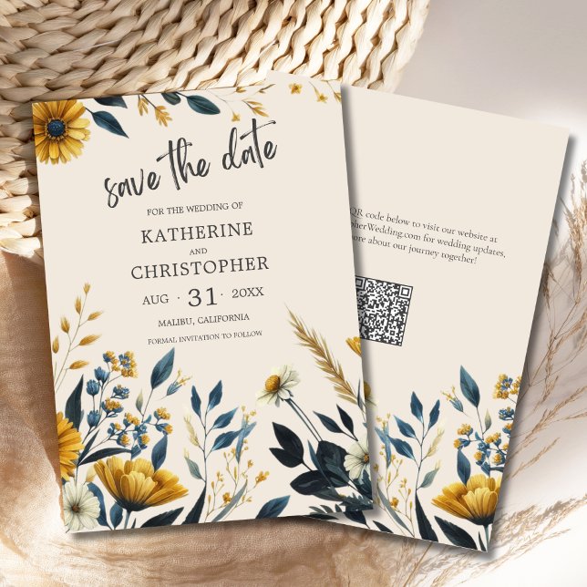Reserve A Data Casamento de Beige de Flor Selvagem Elegante (Watercolor Wildflowers Elegant Beige Save the Date Card with Blue & Yellow Wildflowers, QR Code.)