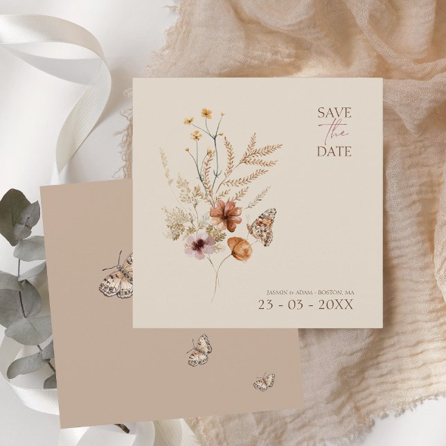 Reserve A Data Casamento de Boho Brown com flores e borboletas (Boho Brown Wildflowers and Butterflies Wedding Save The Date)