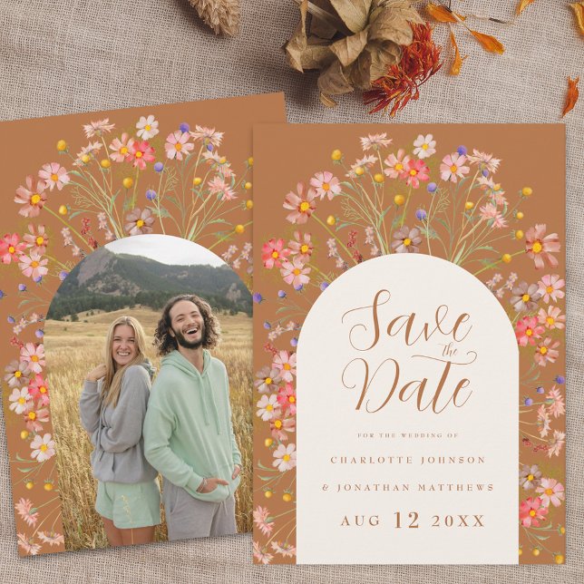Reserve A Data Casamento de Boho Floral de Flor Floral (Photo floral arch wildflower boho fall wedding save the date invitation Elegant script)