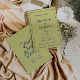 Reserve A Data Casamento De Boho Verde Azul Com A Mão Retrorna