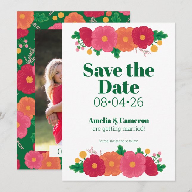 Reserve A Data Casamento de Bold Blooms Salvar a Data (Frente/Verso)