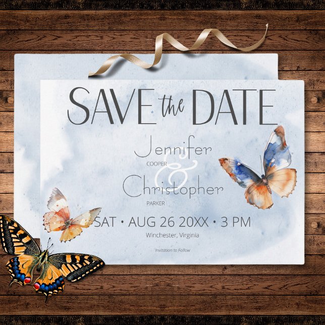 Reserve A Data Casamento de Borboletas Azuis e Ferrugem Modernas (Modern Blue & Rust Watercolor Butterflies Wedding Save The Date)