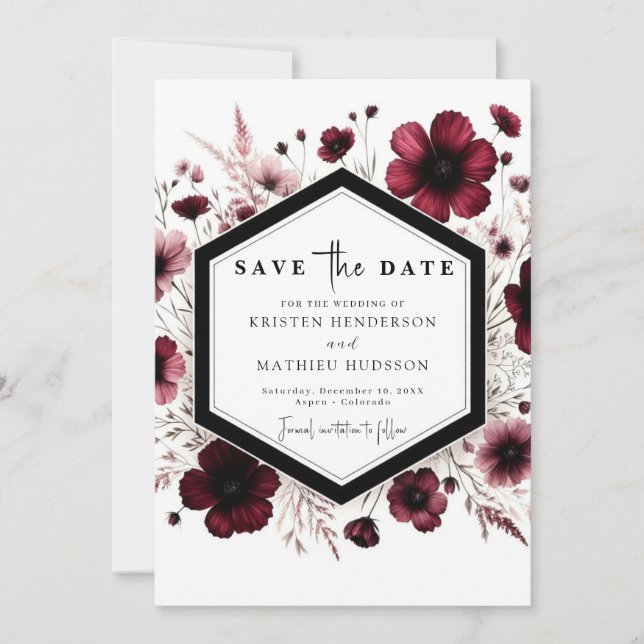 Reserve A Data Casamento de Borgonha com Aquarela Editável (Frente)