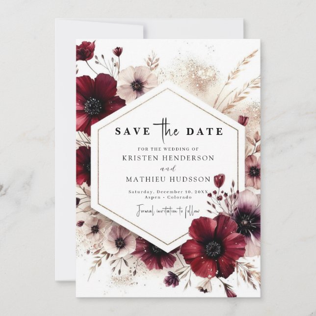 Reserve A Data Casamento de Borgonha Digital Chic (Frente)